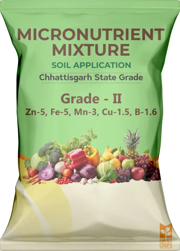 Soil Application (Grade II) – Zn: 5%, Fe: 5%, Mn: 3%, Cu: 1.5%, B: 1.6%